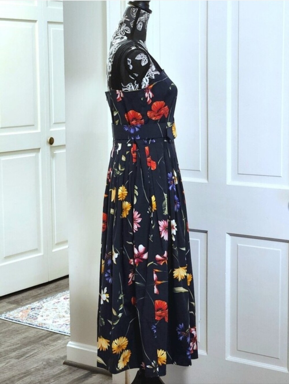 💐Oscar de la Renta💐 - Navy/Multi Floral Sleeveless A-Line Midi Dress - Picture 5 of 16